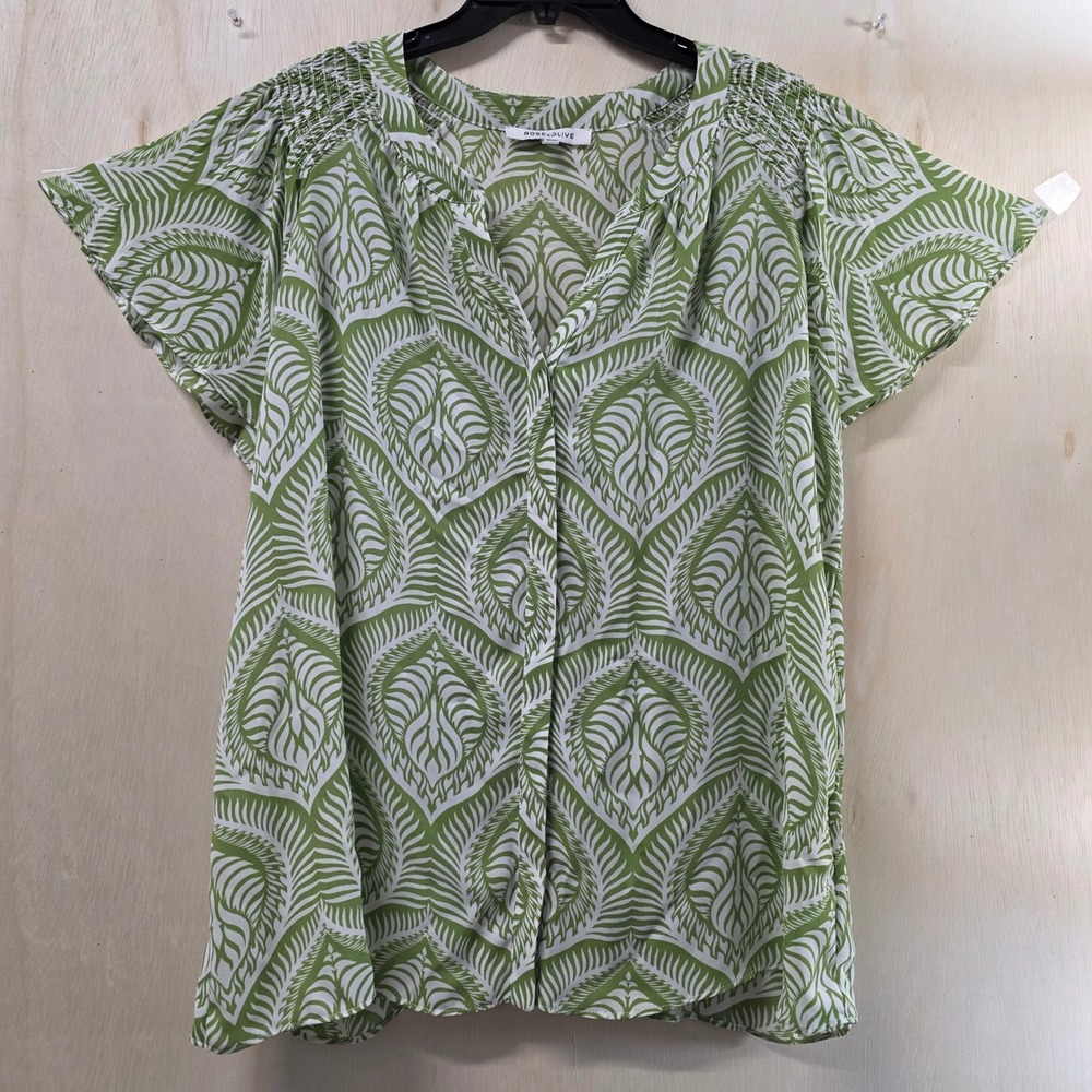 Rose + Olive Green White Palm Leaf Damask Smocked V-Neck Blouse Top Plus Size 1X